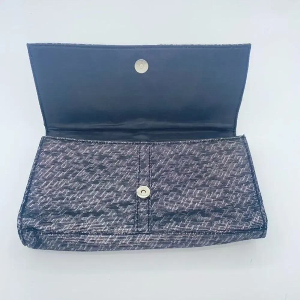 Lancome Silver Metallic Woven Fold-Over Magnetic Snap Button Clutch Wallet Purse